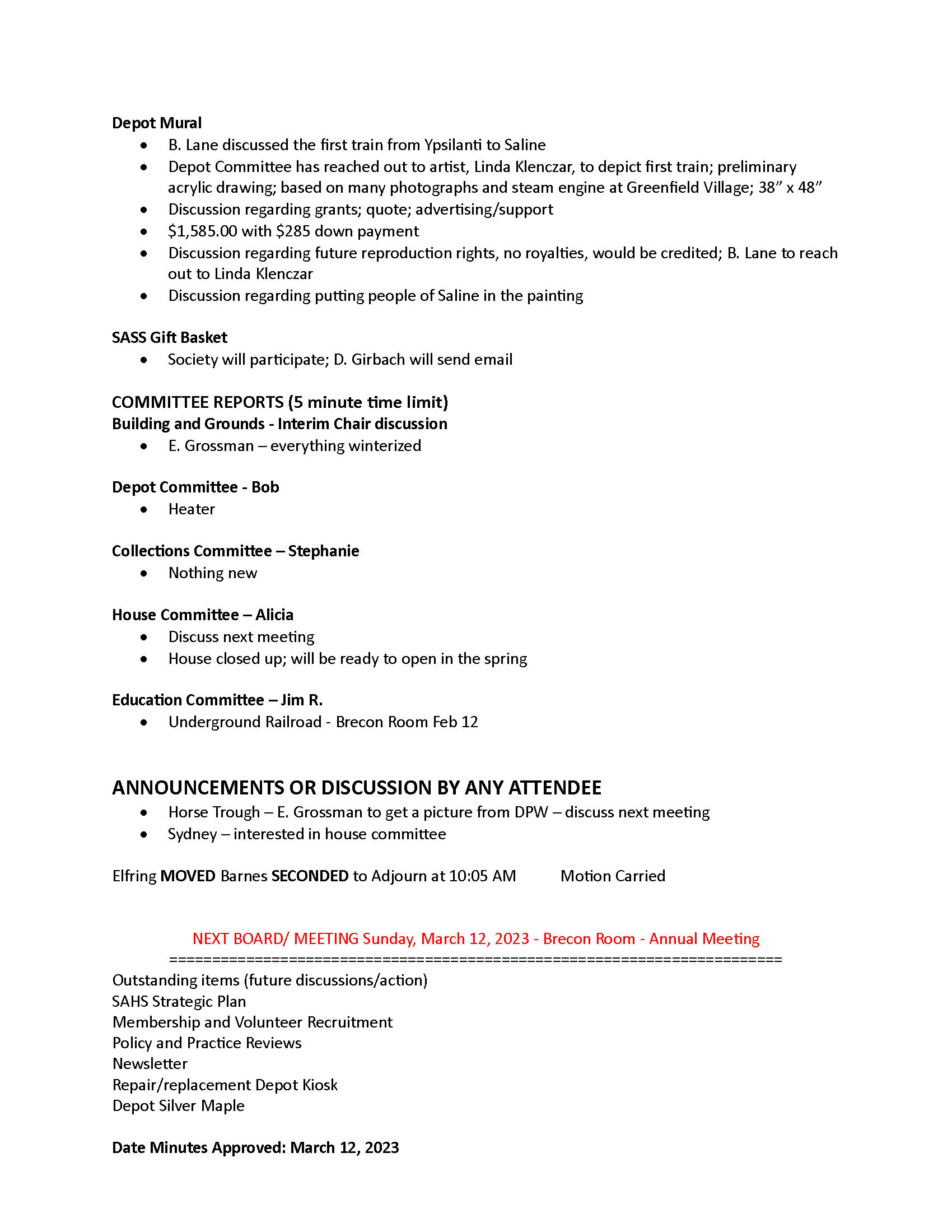 Feb 23 Minutes Saline Area Historical Society